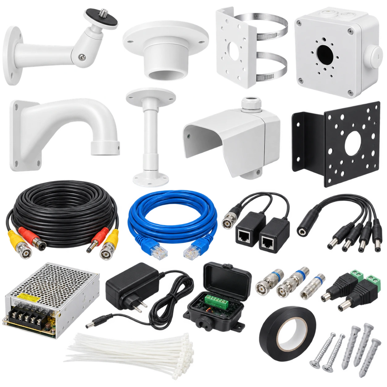 CCTV camera mounts, cables and power supply accessories